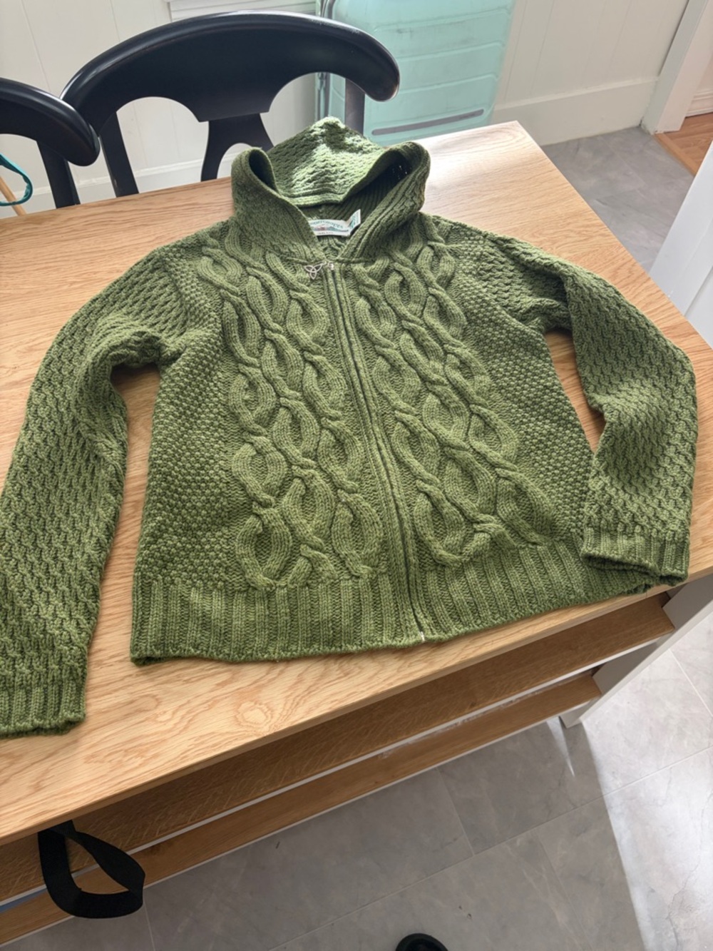 Aran Crafts Olive Green Hooded Cable Zip Cardigan